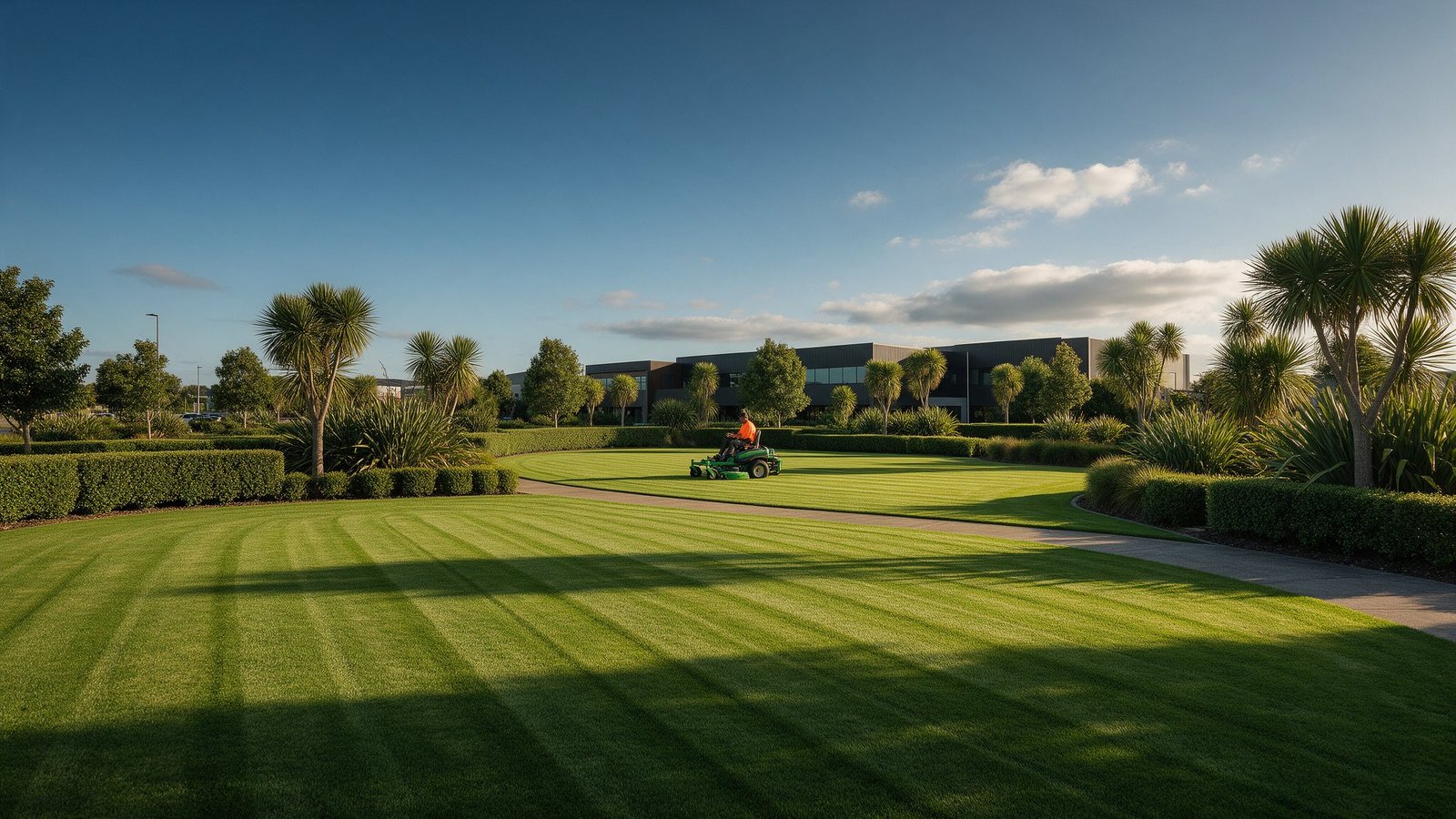 Mown commercial lawn at a Tauranga business park with a Prowess Mowing operator on a ride-on mower