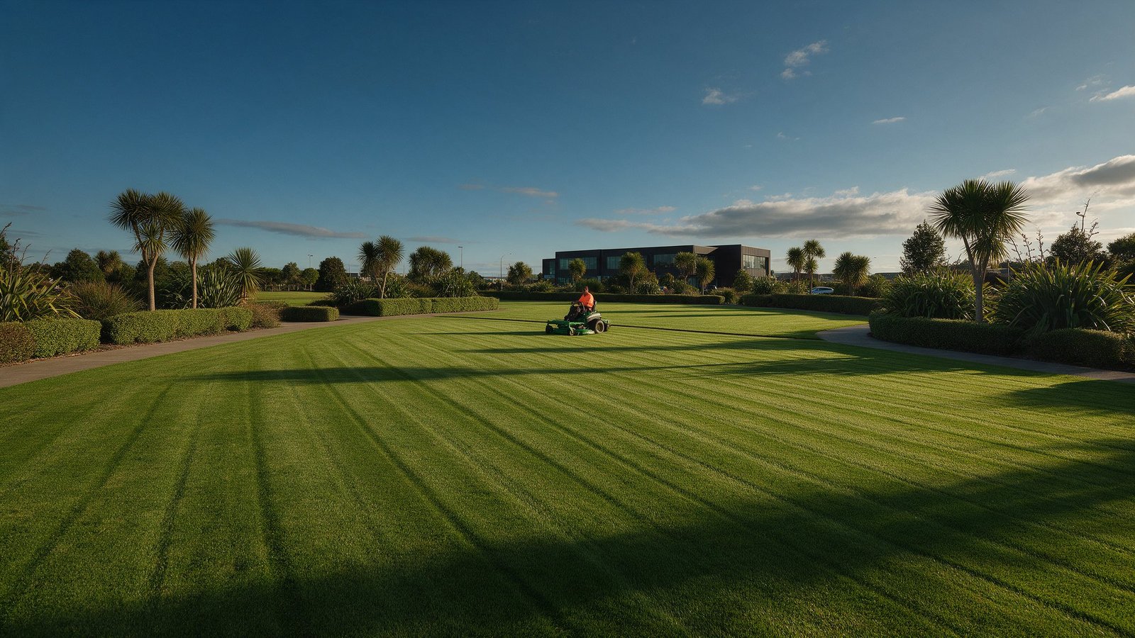 Wide view of striped commercial lawns maintained by Prowess Mowing in Tauranga