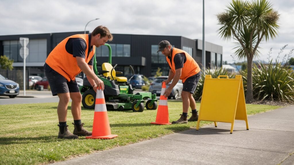 Grounds crew setting out cones and a safety sign beside a commercial carpark in Tauranga